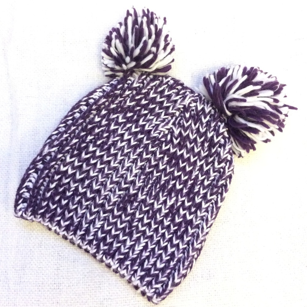 Purple and white knit double pom-pom beanie